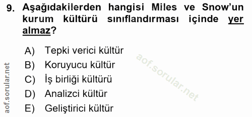 9. soru: Aşağıdakilerden hangisi Miles ve Snow'un kurum kültürü sinıflandırması içinde yer almaz? A) Tepki verici kültür B) Ko…