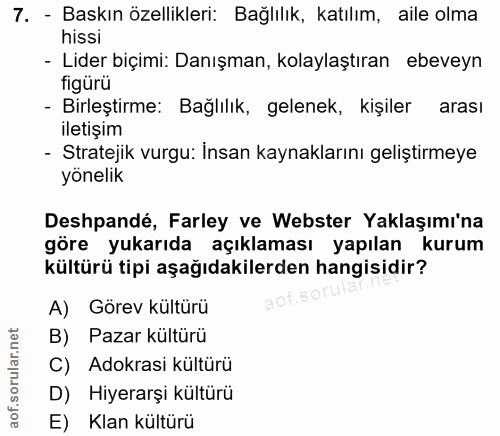7. soru: - Baskın özellikleri: Bağlılık, katılım, aile olma hissi - Lider biçimi: Danışman, kolaylaştıran ebeveyn figurü - Bir…