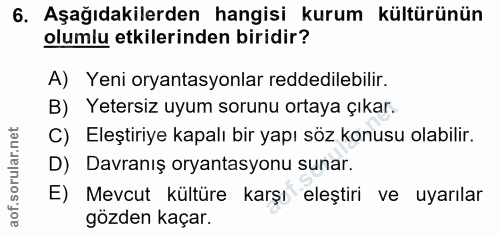 6. soru: Aşağıdakilerden hangisi kurum kültürünün olumlu etkilerinden biridir? A) Yeni oryantasyonlar reddedilebilir. B) Yeter…