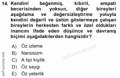 14. soru: Kendini beğenmiş, kibirli, empati becerisinden yoksun, diğer bireyleri aşağılama ve değersizleştirme yoluyla kendini…