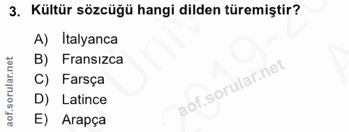 3. soru: Kültür sözcüğü hangi dilden türemiştir? A) Italyanca B) Fransizca C) Farsça D) Latince E) Arapça