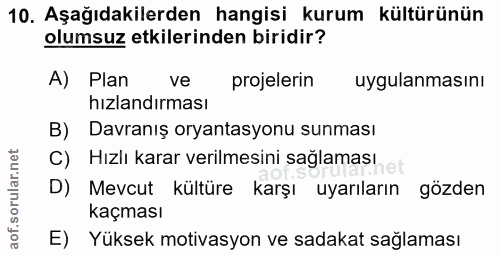 10. soru: Aşağıdakilerden hangisi kurum kültürünün olumsuz etkilerinden biridir? A) Plan ve projelerin uygulanmasını hızlandırm…
