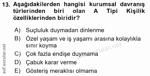 13. soru: Aşağıdakilerden hangisi kurumsal davranış türlerinden biri olan A Tipi Kişilik özelliklerinden biridir? A) Suçluluk d…