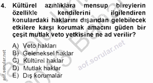 4. soru: Kültürel azınlıklara mensup bireyierin özellikle kendilerini ilgilendiren konulardaki haklarını dışarıdan gelebilecek…