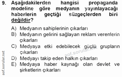 9. soru: Aşağıdakilerden hangisi propaganda modeline göre medyanın yayınlayacağı haberlerin geçtiği süzgeçlerden biri değildir…