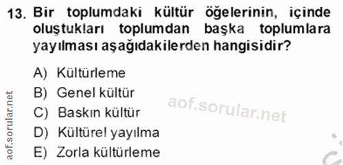 13. soru: Bir toplumdaki kültür öğelerinin, içinde oluştukları toplumdan başka toplumlara yayılması aşağıdakilerden hangisidir?…