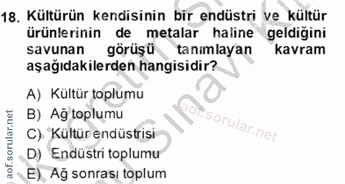 18. soru: Kültürün kendisinin bir endüstri ve kültür ürünlerinin de metalar haline/ geldigını savunan görüşü tanimlayan kavram…