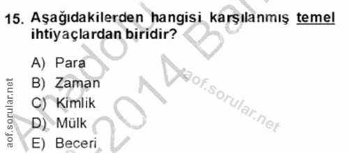 15. soru: Aşağıdakilerden hangisi karşılanmış temel ihtiyaçlardan biridir? A) Para B) Zaman pay C) Kimlik D) Mülk E) Beceri