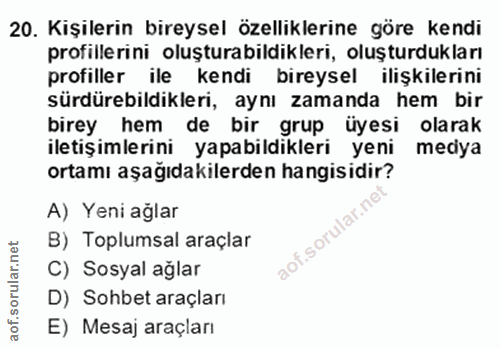 20. soru: Kişilerin bireysel özelliklerine göre kendi profillerini oluşturabildikleri, oluşturdukları profiller ile kendi birey…