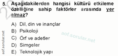 5. soru: Aşağıdakilerden hangisi kültürü etkileme özelliğine sahip faktörler arasında yer almaz? A) Dil, din ve inançlar B) Ps…