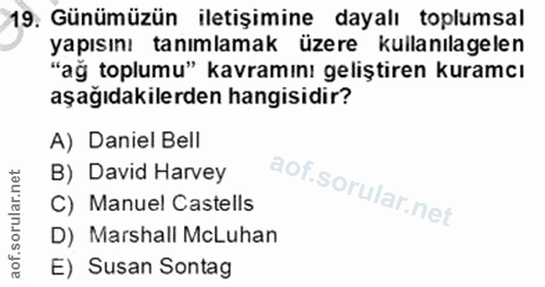 19. soru: Günümüzün iletişimine dayalı toplumsal yapısını tanımlamak üzere kullanılagelen "ağ toplumu" kavramını geliştiren kur…