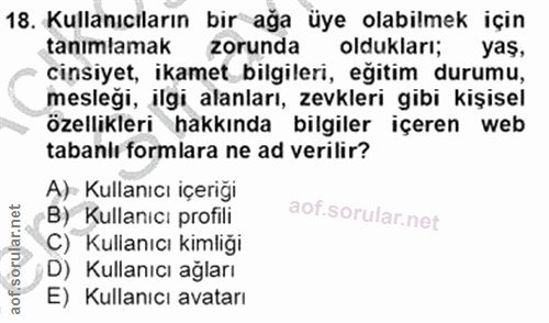 18. soru: Kullanıcıların bir ağa üye olabilmek için tanımlamak zorunda oldukları; yaş, cinsiyet, ikamet bilgileri, eğitim durum…