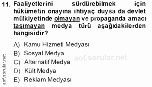 11. soru: Faaliyetlerini sürdürebilmek için hükümetin onayına ihtiyaç duysa da devlet mülkiyetinde olmayan ve propaganda amacı…