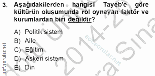 3. soru: Aşağıdakilerden , hangisi Tayeb'e göre kültürün oluşumunda rol oynayan faktör ve kurumlardan biri değildir? A) Politi…
