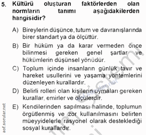 5. soru: Kültürü oluşturan faktörlerden olan normlarin tanimı aşağıdakilerden hangisidir? A) Bireylerin düşünce, tutum ve davr…