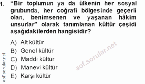 1. soru: "Bir toplumun ya da ülkenin her sosyal grubunda, her coğrafi bölgesinde geçerli olan, benimsenen ve yaşanan hâkim uns…
