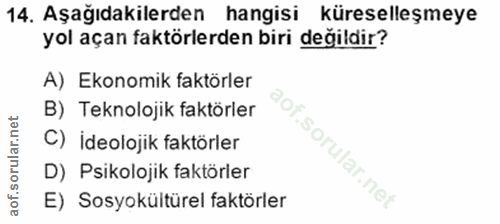 14. soru: Aşağıdakilerden hangisi küreselleşmeye yol açan faktörlerden biri değildir? A) Ekonomik faktörler B) Teknolojik faktö…