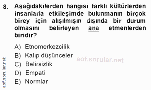 8. soru: Aşağıdakilerden hangisi farklı kültürlerden insanlarla etkileşimde bulunmanın birçok birey için alışılmışın dışında b…