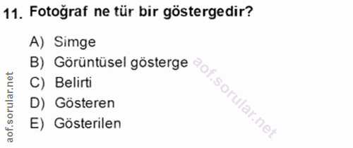 11. soru: Fotoğraf ne tür bir göstergedir? A) Simge rular.net C) Belirti D) Gösteren aof. E) Gösterilen