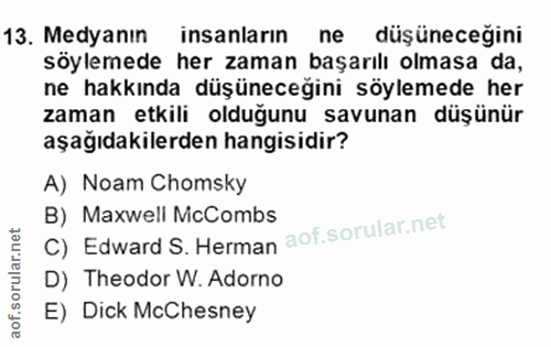 13. soru: Medyanın insanlarin ne düşüneceğini söylemede her zaman başarılı olmasa da, ne hakkında düşüneceğini söylemede her za…