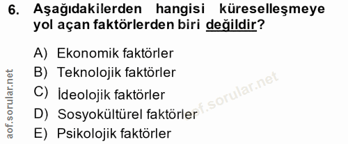 6. soru: Aşağıdakilerden hangisi küreselleşmeye yol açan faktörlerden biri değildir? A) Ekonomik faktörler B) Teknolojik faktö…