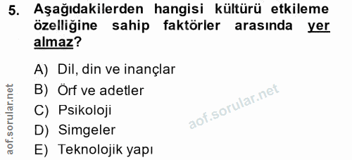 5. soru: Aşağıdakilerden hangisi kültürü etkileme özelliğine sahip faktörler arasında yer almaz? A) Dil, din ve inançlar rular…