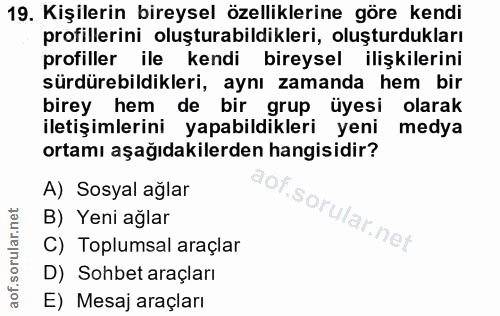 19. soru: Kişilerin bireysel özelliklerine göre kendi profillerini oluşturabildikleri, oluşturdukları profiller ile kendi birey…