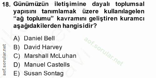18. soru: Günümüzün iletişimine dayalı toplumsal yapısını tanımlamak üzere kullanılagelen "ağ toplumu" kavramını geliştiren kur…