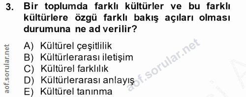 3. soru: Bir toplumda farklı kültürler ve bu farklı kültürlere özgü farklı bakış açıları olması durumuna ne ad verilir? A) Kül…