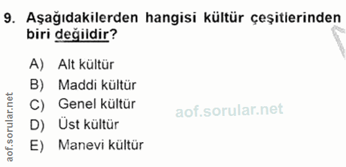9. soru: Aşağıdakilerden hangisi kültür çeşitierinden biri değildir? A) Alt kültür B) Maddi kültür lar.net C) Genel kültür D)…