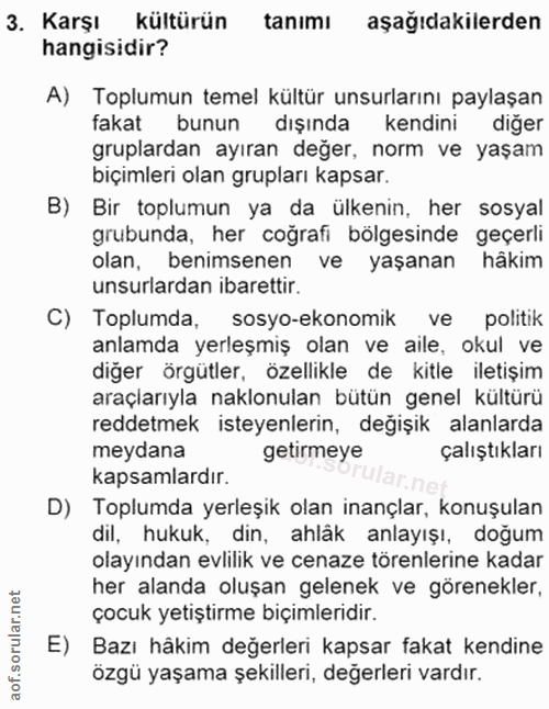 3. soru: Karşı kültürün tanımı aşağıdakilerden hangisidir? A) Toplumun temel kültür unsurlarını paylaşan fakat bunun dışında k…