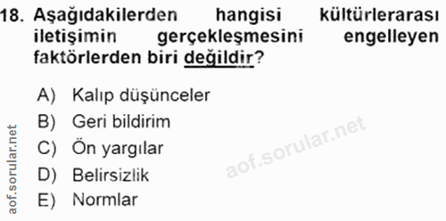 18. soru: Aşağıdakilerden hangisi kültürlerarası iletişimin gerçekleşmesini engelleyen faktörlerden biri değildir? A) Kalıp düş…