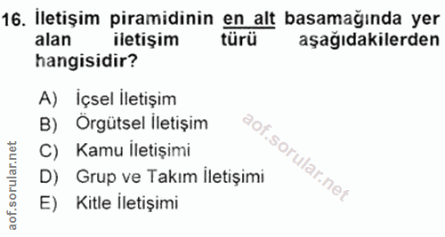 16. soru: Iletişim piramidinin en alt basamağında yer alan iletişim türü aşağıdakilerden hangisidir? A) Içsel Iletişim B) Örgüt…