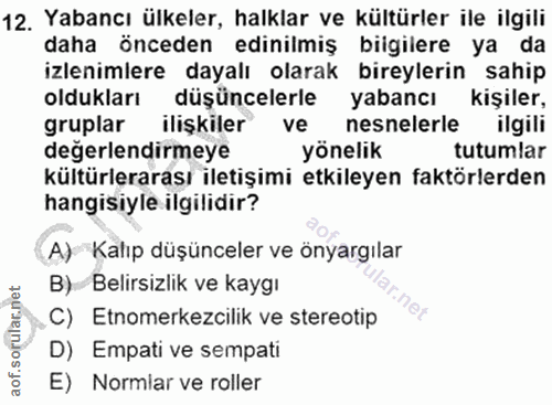 12. soru: Yabancı ülkeler, halklar ve kültürler ile ilgili daha önceden edinilmiş bilgilere ya da izlenimlere dayalı olarak bir…