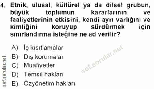 4. soru: Etnik, ulusal, kültürel ya da dilsel grubun, büyük toplumun kararlarının ve faaliyetlerinin etkisini, kendi ayrı varl…
