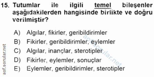 15. soru: Tutumlar ile ilgili temel bileşenler aşağıdakilerden hangisinde birlikte ve doğru verilmiştir? A) Algılar, fikirler,…