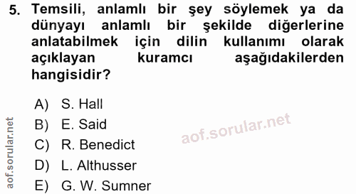 5. soru: Temsili, anlamlı bir şey söylemek ya da dünyayı anlamlı bir şekilde diğerlerine anlatabilmek için dilin kullanımı ola…