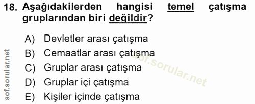 18. soru: Aşağıdakilerden hangisi temel çatışma gruplarından biri değildir? A) Devletler arası çatışma B) Cemaatlar arası çatış…