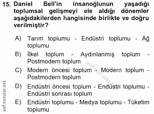15. soru: Daniel Bell'in insanoğlunun yaşadığı toplumsal gelişmeyi ele aldığı dönemler aşağıdakilerden hangisinde birlikte ve d…