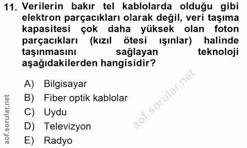 11. soru: Verilerin bakır tel kablolarda olduğu gibi elektron parçacıkları olarak değil, veri taşıma kapasitesi çok daha yüksek…