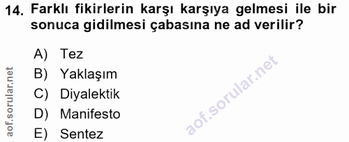 14. soru: Farklı fikirlerin karşı karşıya gelmesi ile bir sonuca gidilmesi çabasına ne ad verilir? A) Tez B) Yaklaşım C) Diyale…