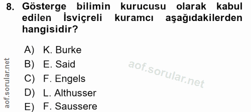8. soru: Gösterge bilimin kurucusu olarak kabul edilen isviçreli kuramcı aşağıdakilerden hangisidir? A) K. Burke B) E. Said C)…