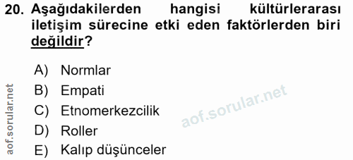 20. soru: Aşağıdakilerden hangisi kültürlerarası iletişim sürecine etki eden faktörlerden biri değildir? A) Normlar B) Empati C…
