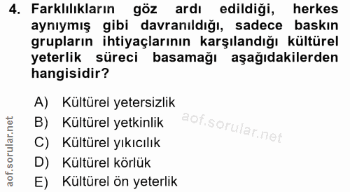 4. soru: Farklılıkların göz ardı edildiği, herkes aynıymış gibi davranıldığı, sadece baskın grupların ihtiyaçlarının karşıland…