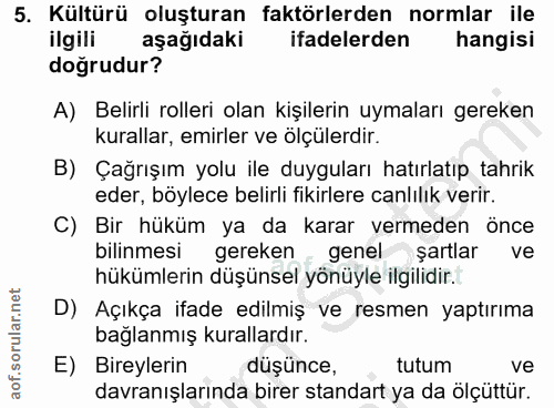 5. soru: Kültürü oluşturan faktörlerden normlar ile ilgili aşağıdaki ifadelerden hangisi doğrudur? A) Belirli rolleri olan kiş…