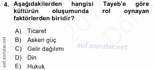 4. soru: Aşağıdakilerden hangisi Tayeb'e göre kültürün oluşumunda rol oynayan faktörlerden biridir? A) Ticaret B) Askeri güç C…