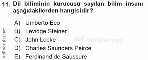 11. soru: Dil biliminin kurucusu sayılan bilim insanı aşağıdakilerden hangisidir? A) Umberto Eco B) Levidge Steiner C) John Loc…