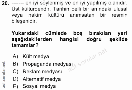 20. soru: ---- en iyi söylenmiş ve en iyi yapılmış olanıdır. Ust kültürdendir. Tarihin belli bir anındaki ulusal veya hakim kül…