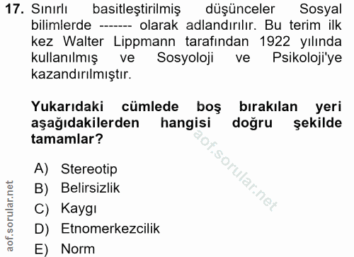 17. soru: Sınırlı basitleştirilmiş düşünceler Sosyal bilimlerde -- olarak adlandırılır. Bu terim ilk kez Walter Lippmann tarafı…