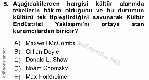 5. soru: Aşağıdakilerden hangisi kültür alanında tekellerin hâkim olduğunu ve bu durumun kültürü tek tipleştirdiğini savunarak…